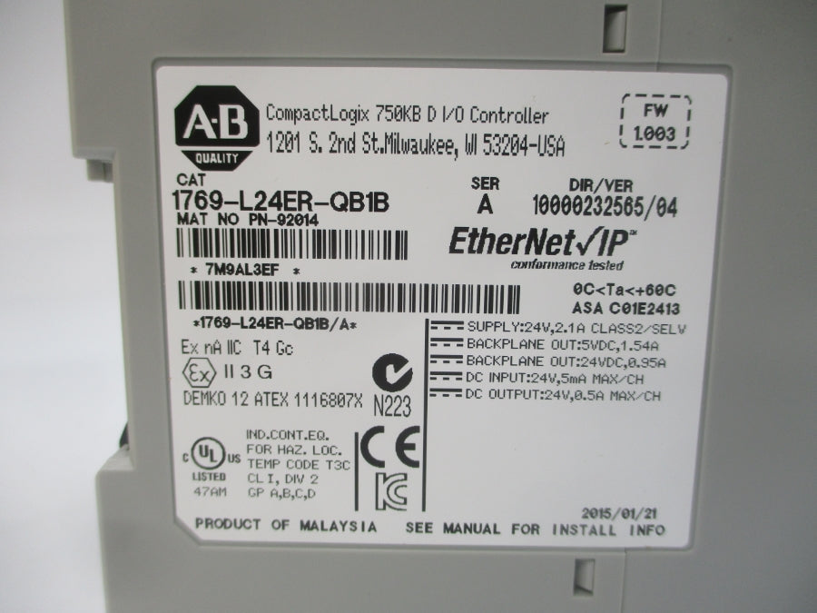 INDUSTRIAL SPARE PART 1769-L24ER-QB1B SER. A F/W 1.003 24VDC 2.1A NSMP