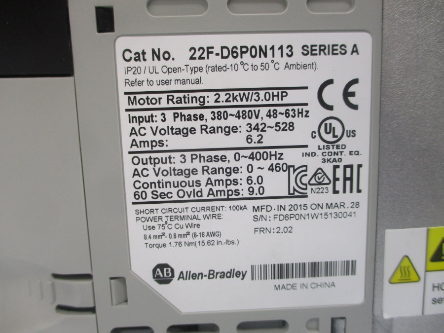 INDUSTRIAL SPARE PART 22F-D6P0N113 SER. A F/W 2.02 342-528VAC 6.0A NSMP