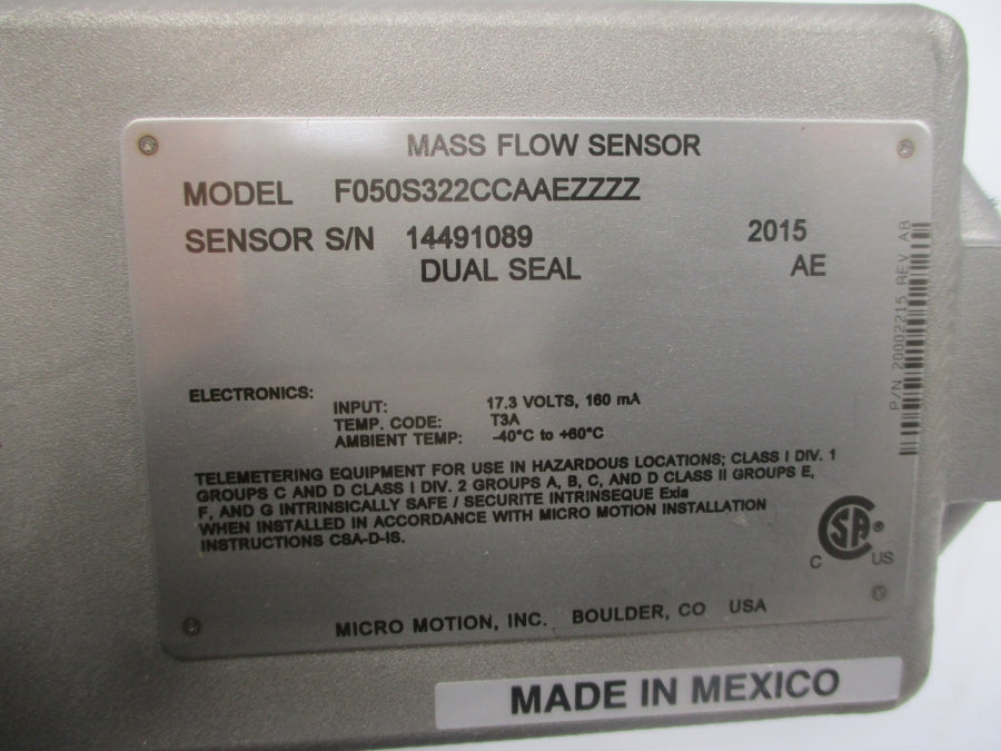 MICRO MOTION F050S322CCAAEZZZZ 17.3V 1450PSI (NO COVER) NSNP