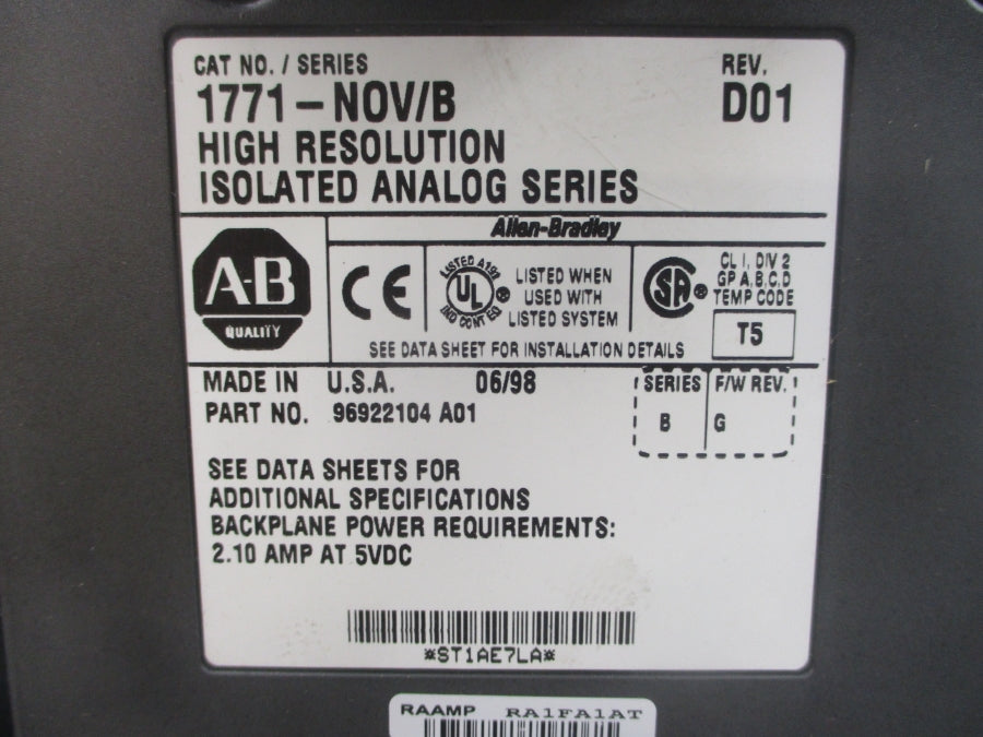 INDUSTRIAL SPARE PART 1771-NOV SER. B F/W G 5VDC 2.10A REV. D01 UNMP