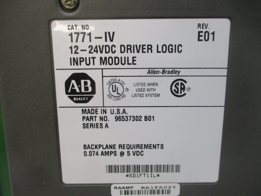 INDUSTRIAL SPARE PART 1771-IV SER. A 12-24VDC 0.074A REV. E01 UNMP