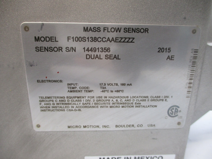 MICRO MOTION F100S138CCAAEZZZZ 17.3V 1450PSI (NO COVER) NSNP