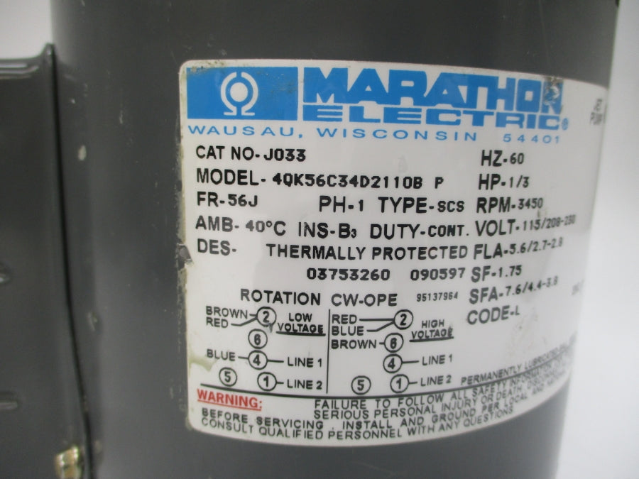MARATHON ELECTRIC J033 40K56C34D2110B 115/208-230V 5.6/2.7-2.8A NSNP