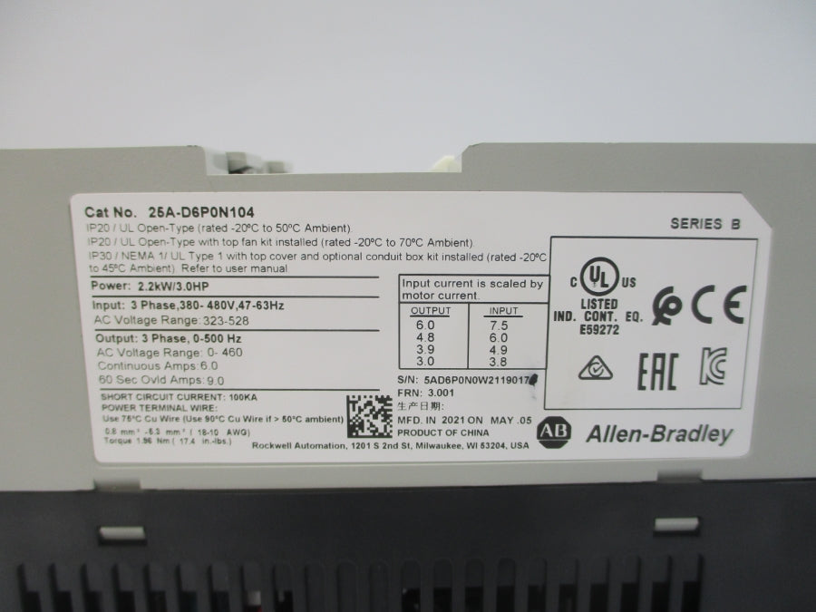 INDUSTRIAL SPARE PART 25A-D6P0N104 SER. B F/W 3.001 323-528VAC 3.8-7.5A NSNP