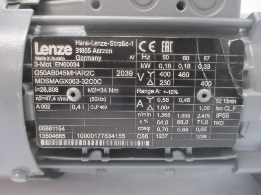 LENZE G50AB045MHAR2C MDSMAGX063-32C0C 460V 0.46A NSNP