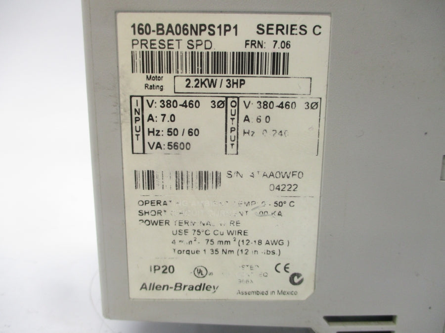 INDUSTRIAL SPARE PART 160-BA06NPS1P1 SER. C F/W 7.06 380-460V 7.0A UNMP