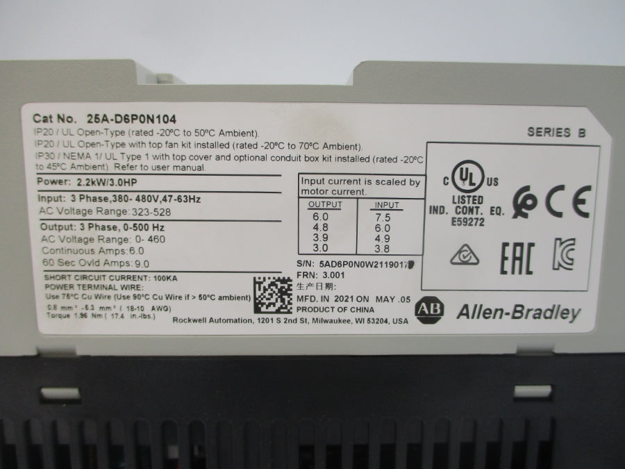 INDUSTRIAL SPARE PART 25A-D6P0N104 SER. B F/W 3.001 323-528VAC 3.8-7.5A NSNP