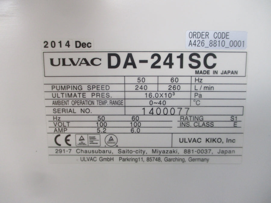 ULVAC KIKO DA-241SC 100V 5.2/6.0A NSNP