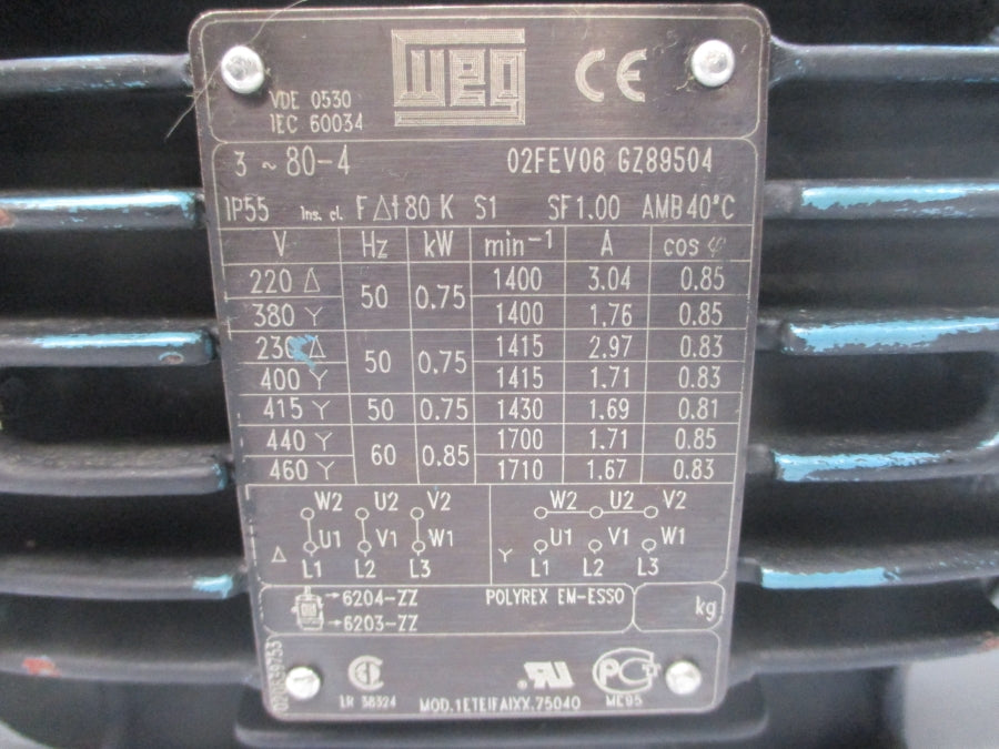 OLAER QPM360-4-0.75 54760 W/ WEG 02FEV06GZ89504 254-277/440-480V 3.04A UNMP
