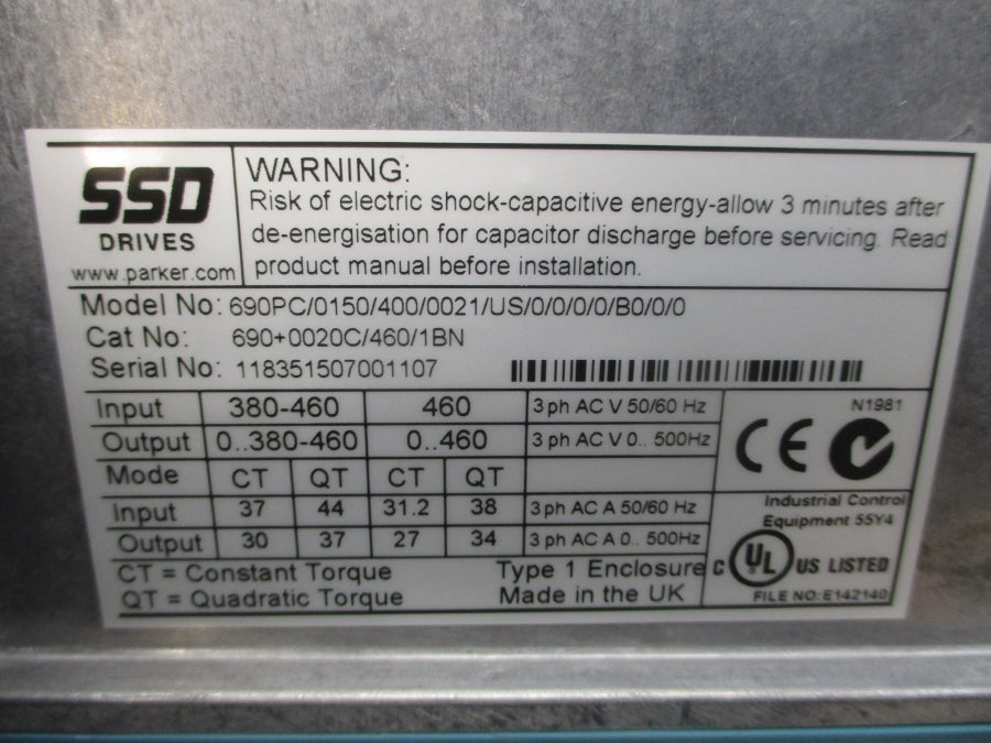 PARKER 690PC/0150/400/0021/US/0/0/0/0/B0/0/0 690+0020C/460/1BN UNMP