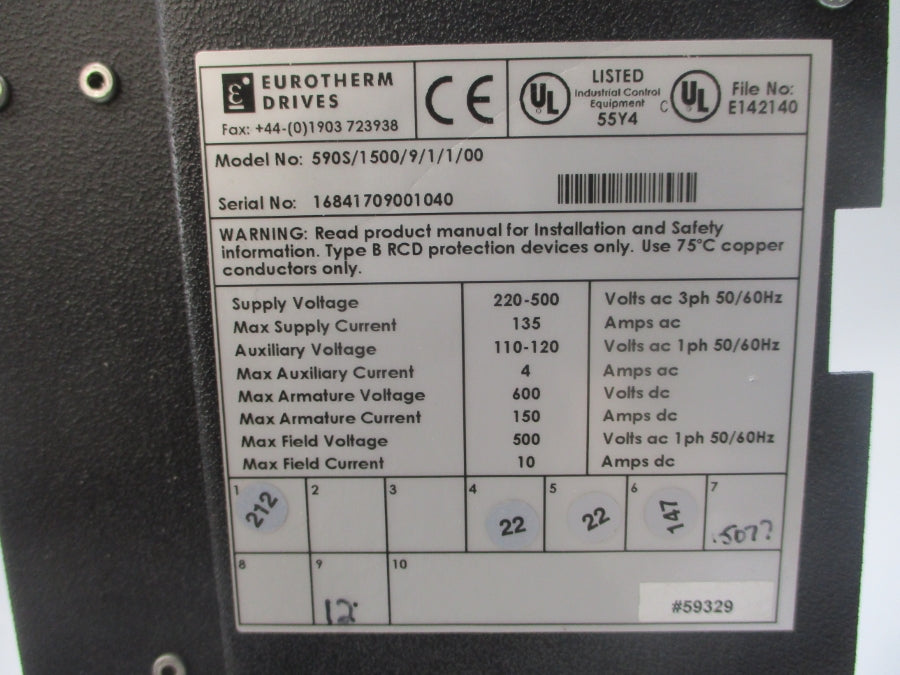 EUROTHERM DRIVES 590S/1500/9/1/1/00 220-500VAC 135A (NO COVER) UNMP