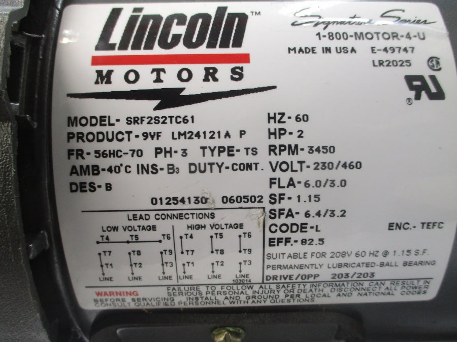 LINCOLN MOTORS LM24121A SRF2S2TC61 230/460V 6.0/3.0A NSNP