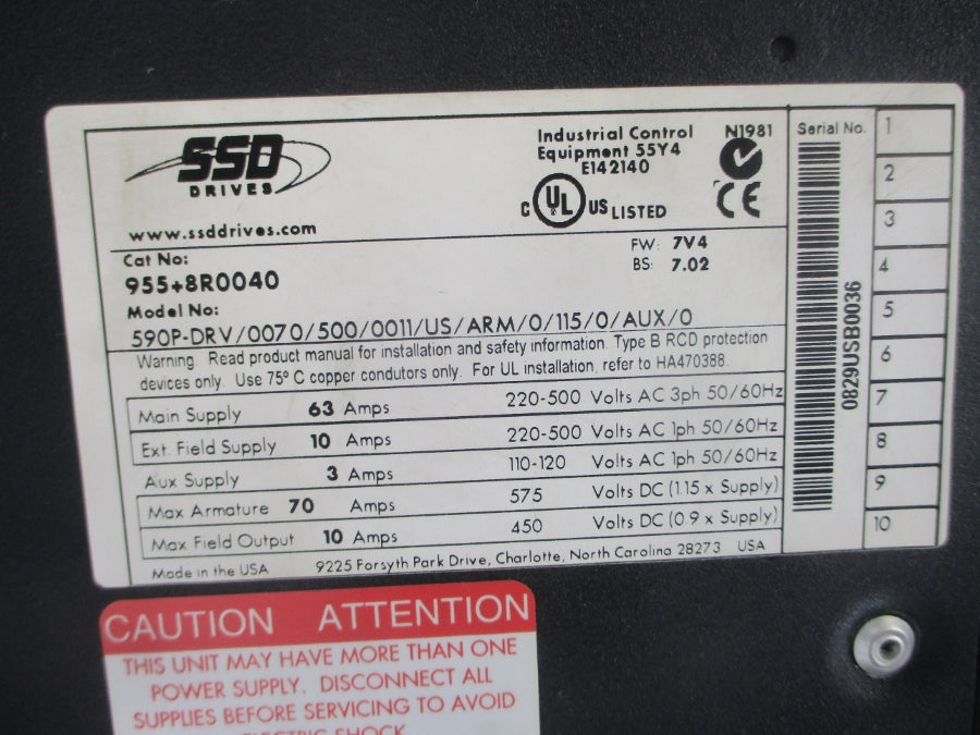 PARKER 590P-DRV/0070/500/0011/US/ARM/0/115/0/AUX/0 220-500VAC 63A UNMP