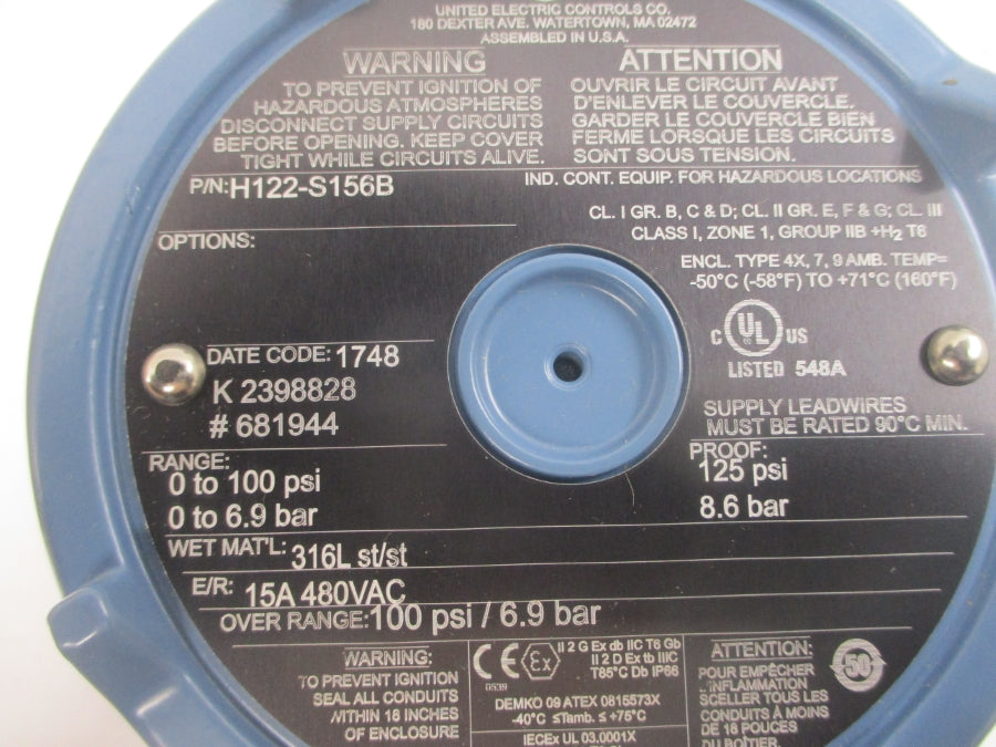 UNITED ELECTRIC H122-S156B 480VAC 15A 100PSI NSMP