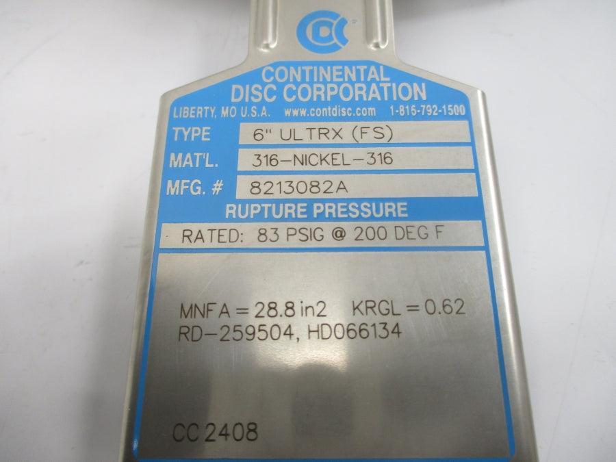 CONTINENTAL DISC ULTRX(FS) 8213082A 83PSI 200'F 6" NSMP
