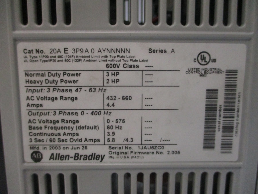 INDUSTRIAL SPARE PART 20AE3P9A0AYNNNNN SER. A F/W 2.005 432-660VAC 4.4A NSMP