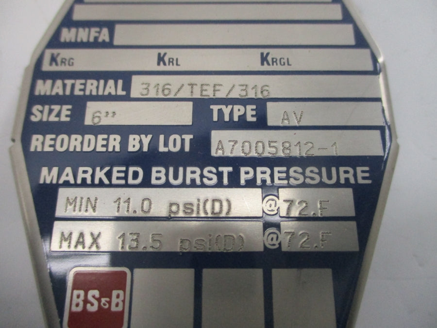 BS&B SAFETY SYSTEMS RD-281502 11.0/13.5PSI 72'F 6" NSMP