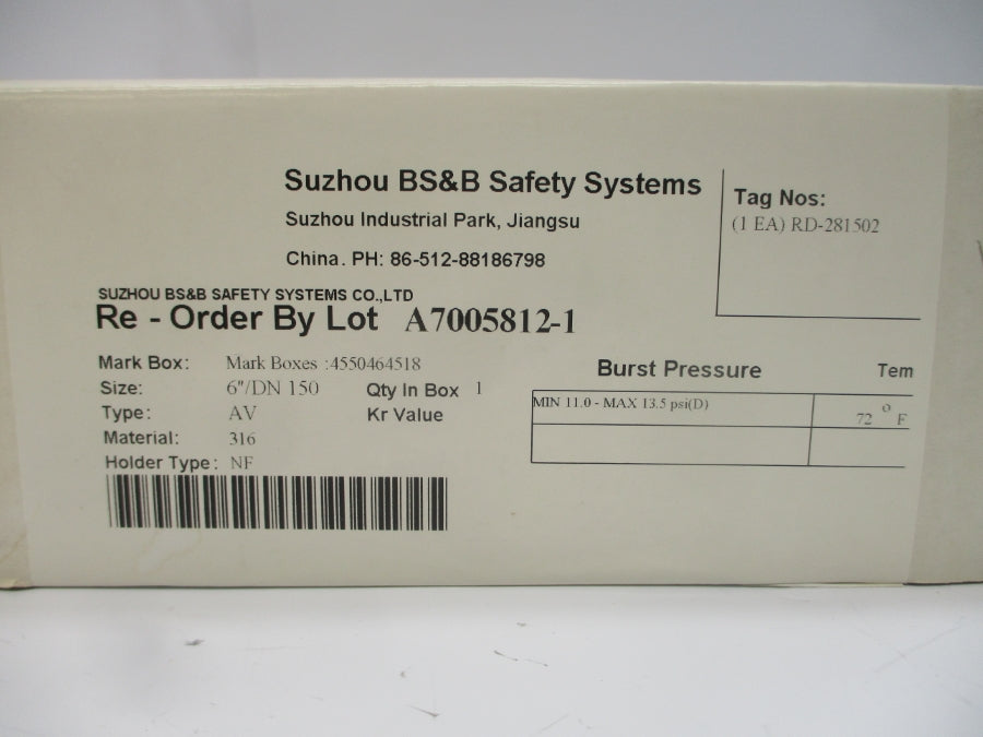 BS&B SAFETY SYSTEMS RD-281502 11.0/13.5PSI 72'F 6" NSMP