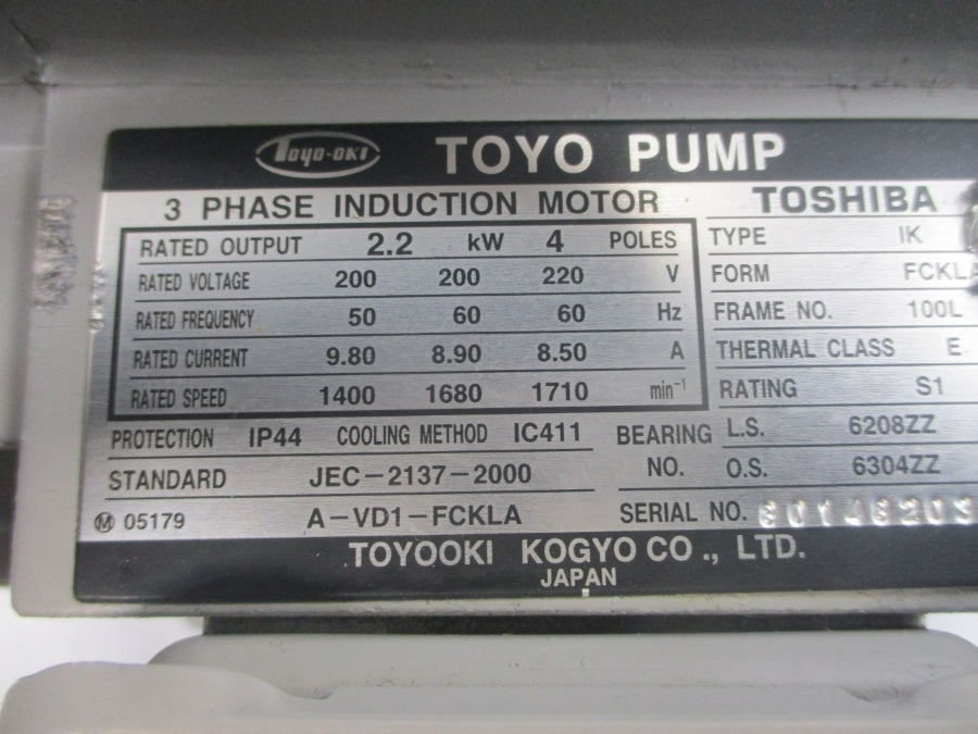 TOYOOKI KOGYO A-VD1-FCKLA IK 200/220V 9.80-8.90/8.50A NSNP