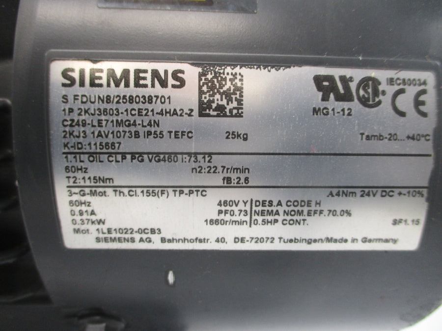 SIEMENS 2KJ3603-1CE21-4HA2-Z 460V 0.91A NSNP
