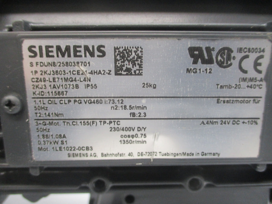 SIEMENS 2KJ3603-1CE21-4HA2-Z 460V 0.91A NSNP