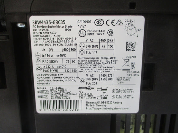 SIEMENS 3RW4435-6BC35 24VDC 134A NSNP