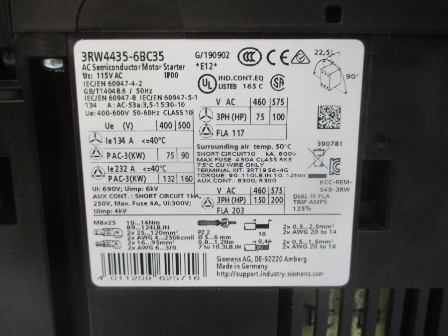 SIEMENS 3RW4435-6BC35 24VDC 134A NSNP