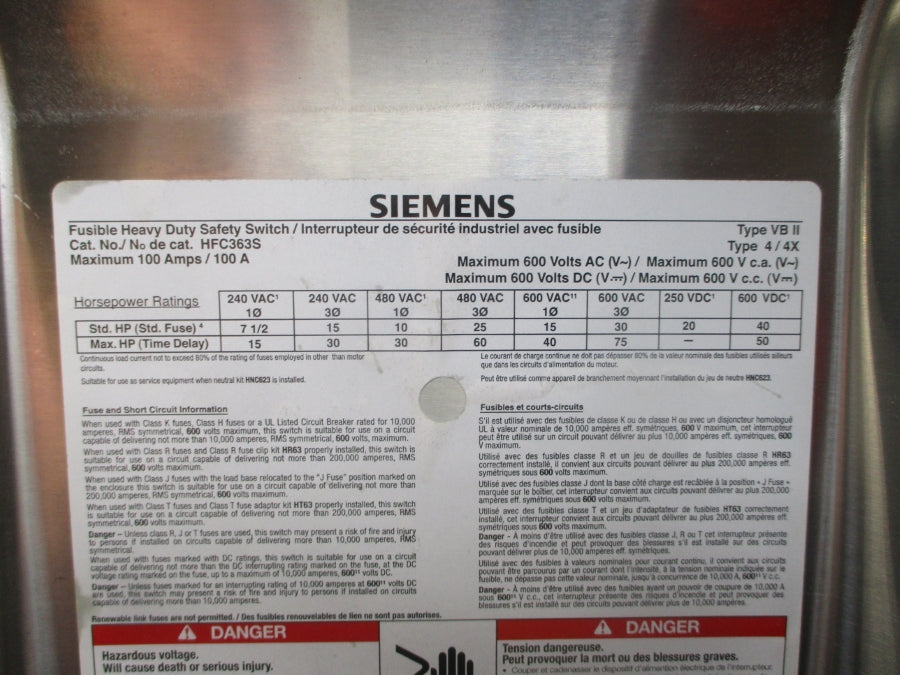 SIEMENS HFC363S 600VAC 100A (AS PICTURED) NSNP
