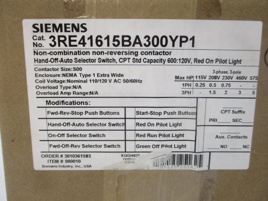 SIEMENS 3RE41615BA300YP1 110/120VAC NSMP