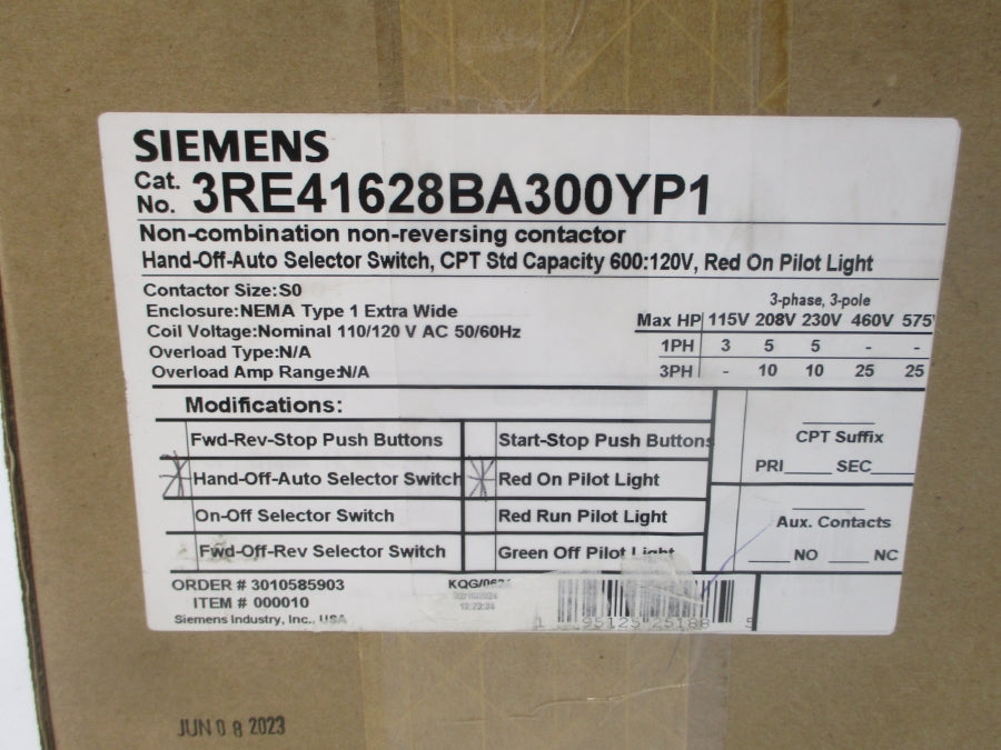 SIEMENS 3RE41628BA300YP1 110/120VAC NSMP