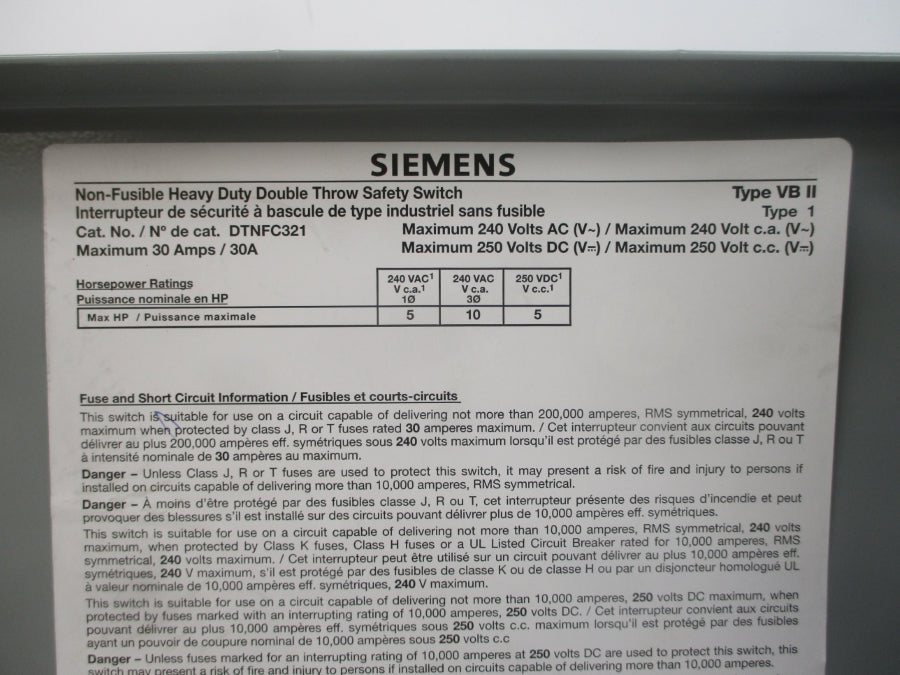 SIEMENS DTNFC321 240VAC 30A NSMP
