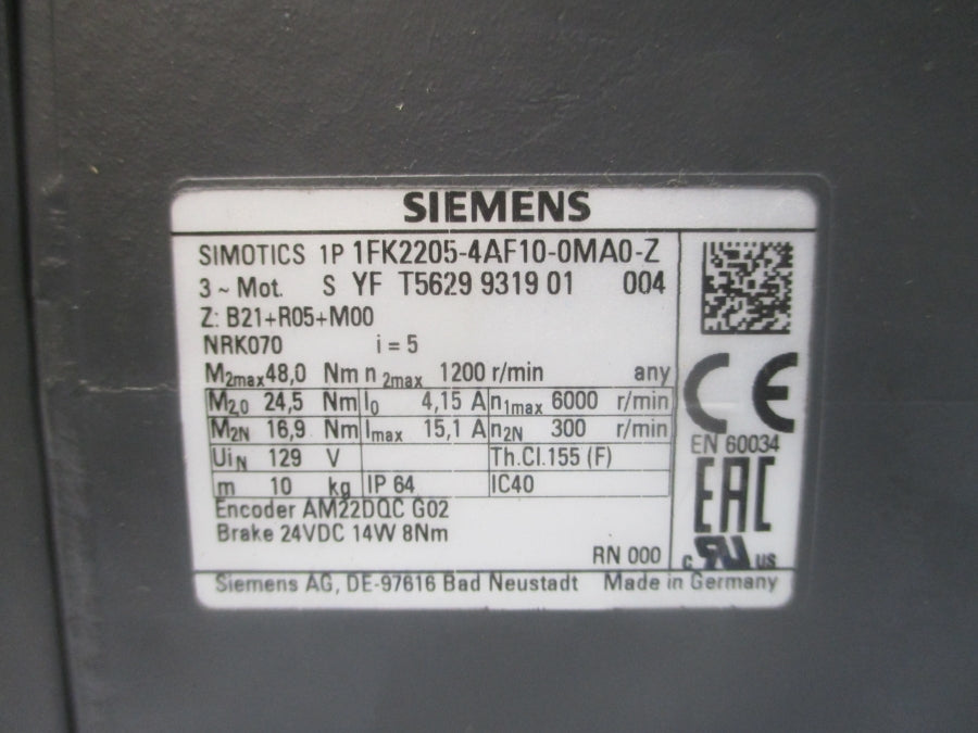 SIEMENS 1FK2205-4AF10-0MA0-Z 129V 4.15/15.1A NSMP