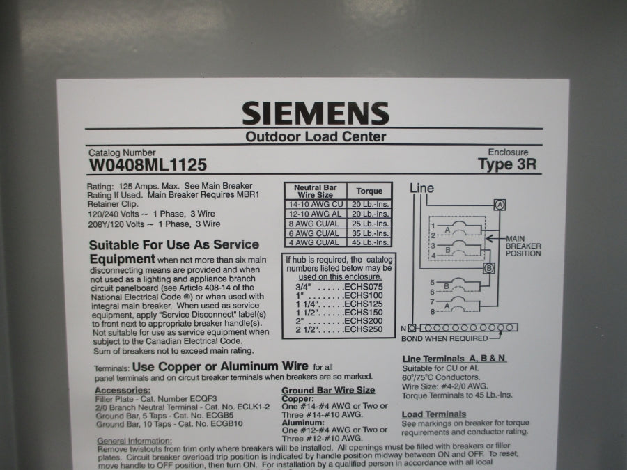 SIEMENS W0408ML1125 120/240V 125A NSMP
