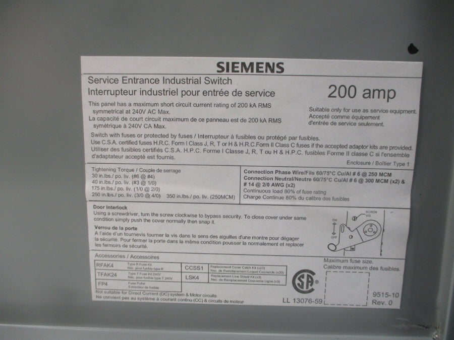 SIEMENS ID224 240VAC 200A NSMP