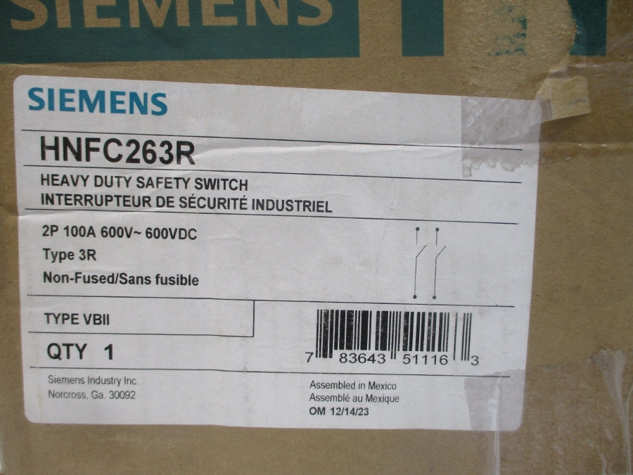 SIEMENS HNFC263R 600VAC/DC 100A NSMP