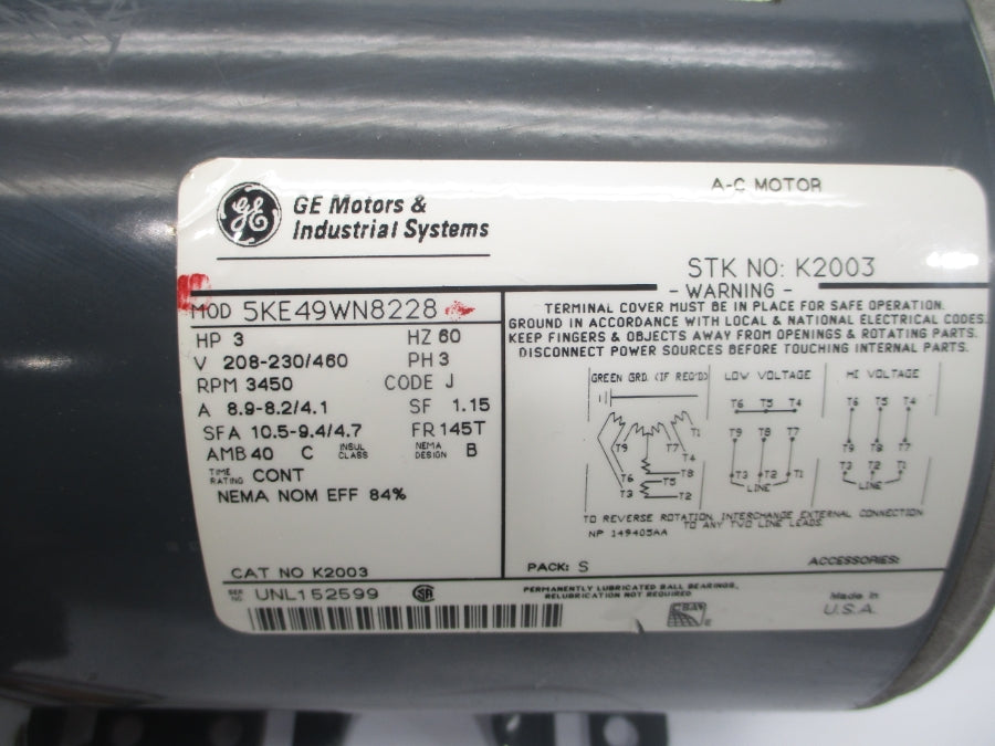 GENERAL ELECTRIC 5KE49WN8228 208-230/460V 8.9-8.2/4.1A NSNP