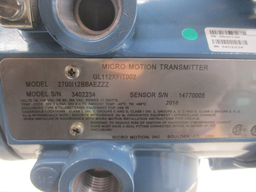 MICRO MOTION H100S138NCAAEZZZZ 2700I12BBAEZZZ 17.3V 1450PSI NSNP