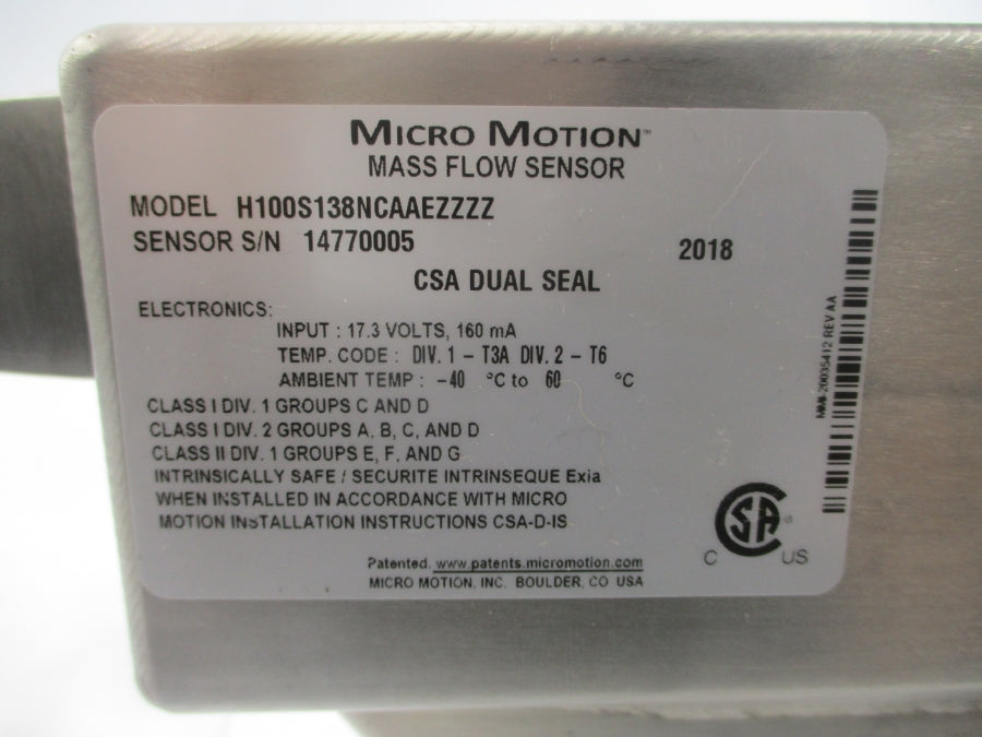 MICRO MOTION H100S138NCAAEZZZZ 2700I12BBAEZZZ 17.3V 1450PSI NSNP