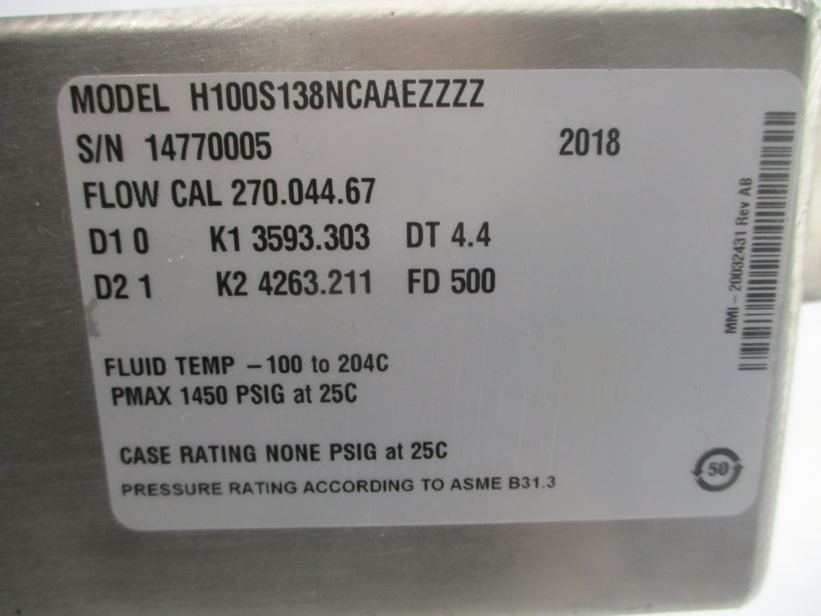 MICRO MOTION H100S138NCAAEZZZZ 2700I12BBAEZZZ 17.3V 1450PSI NSNP