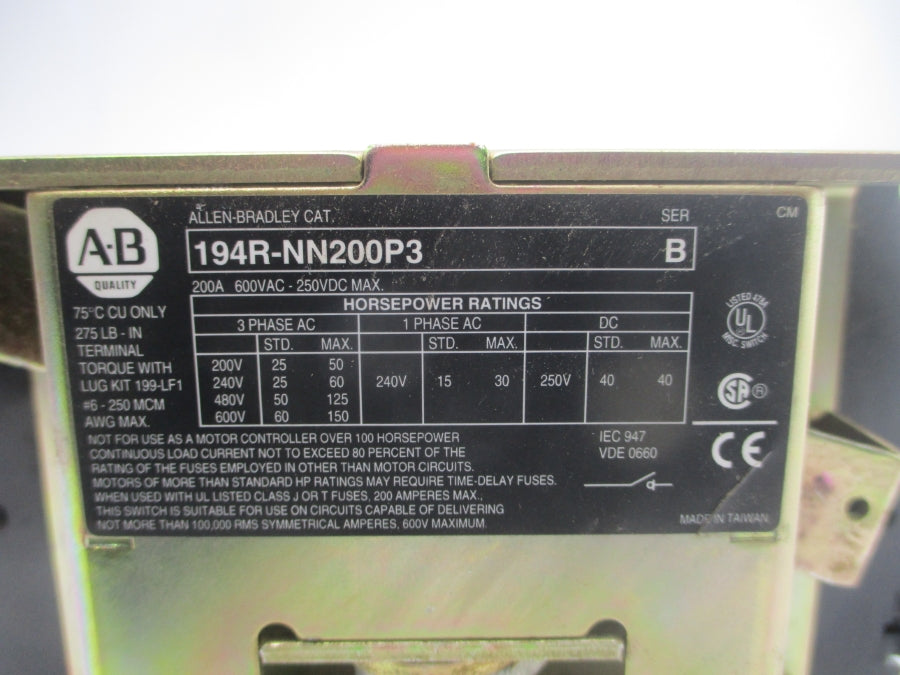 INDUSTRIAL SPARE PART 194R-NN200P3 SER. B 600VAC 200A UNMP