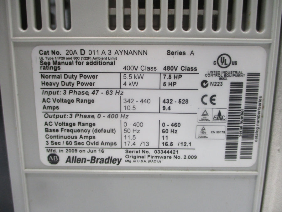 INDUSTRIAL SPARE PART 20AD011A3AYNANNN SER. A F/W 2.009 432-528VAC 9.4A UNMP