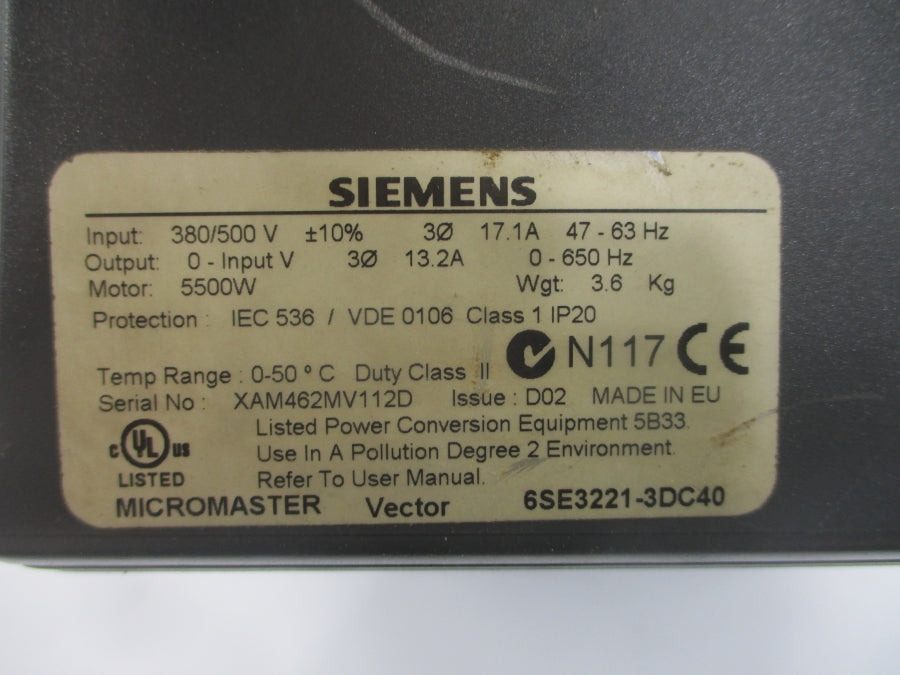 SIEMENS 6SE3221-3DC40 380/500V 17.1A (AS PICTURED) UNMP