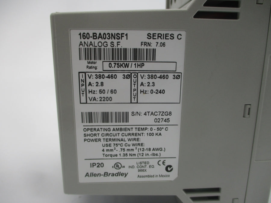 INDUSTRIAL SPARE PART 160-BA03NSF1 SER. C 380/460V 2.8A F/W 7.06 NSMP
