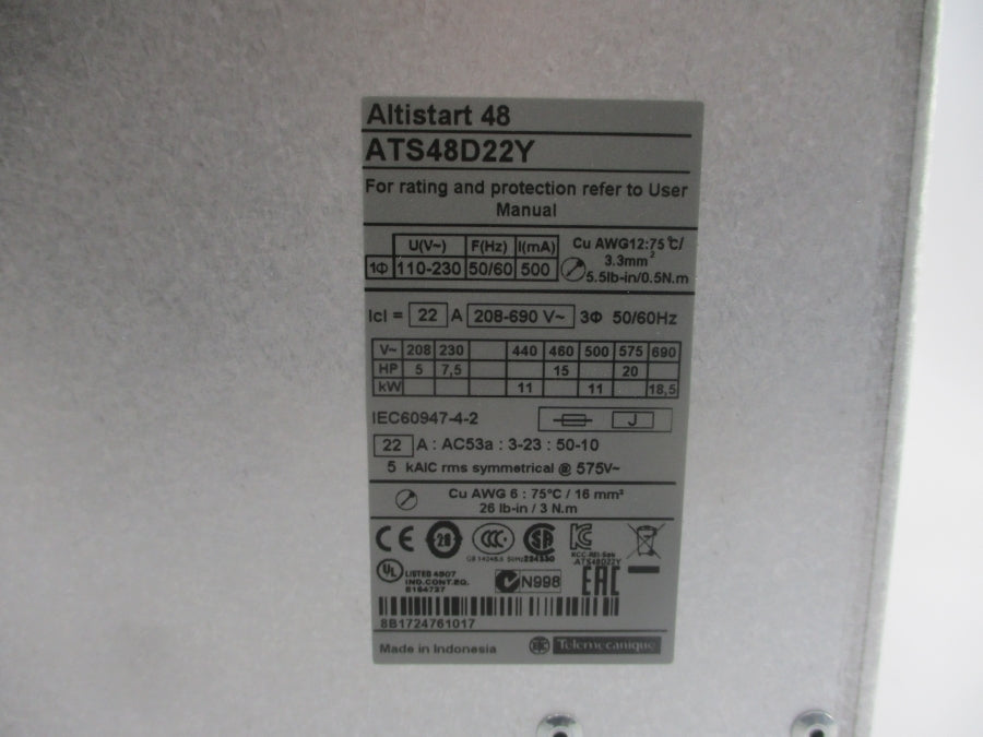 SCHNEDIER ELECTRIC ATS48D22Y 208-690V 22A NSMP