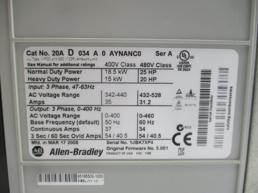 INDUSTRIAL SPARE PART 20AD034A0AYNANC0 SER. A F/W 5.001 432-528VAC 31.2A REMAN