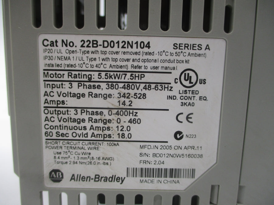 INDUSTRIAL SPARE PART 22B-D012N104 SER. A F/W 2.04 342-528VAC 14.2A (NO COVER) UNMP