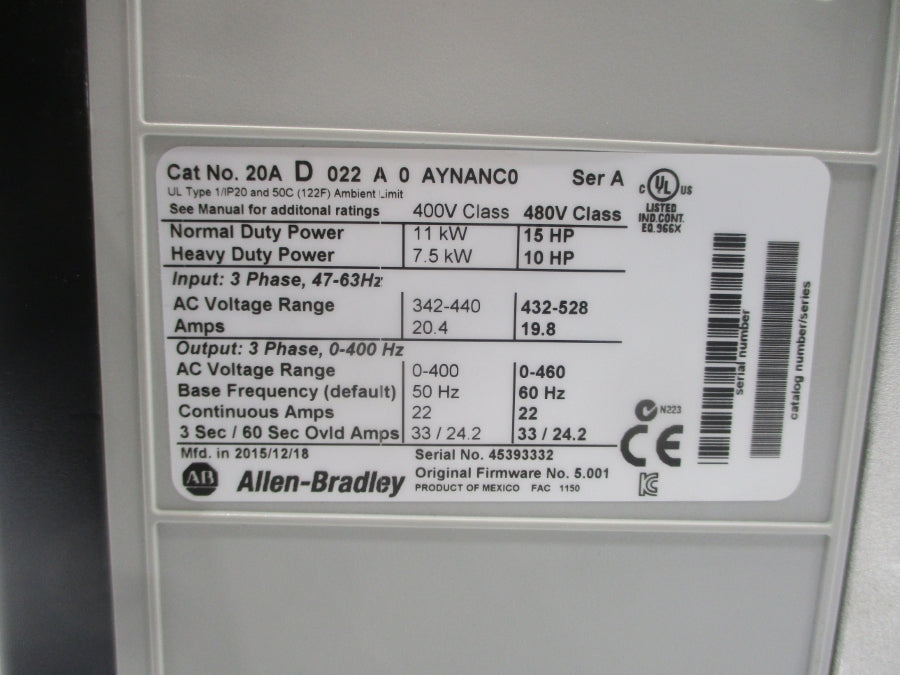INDUSTRIAL SPARE PART 20AD022A0AYNANC0 SER. A F/W 5.001 432-528VAC 19.8A UNMP