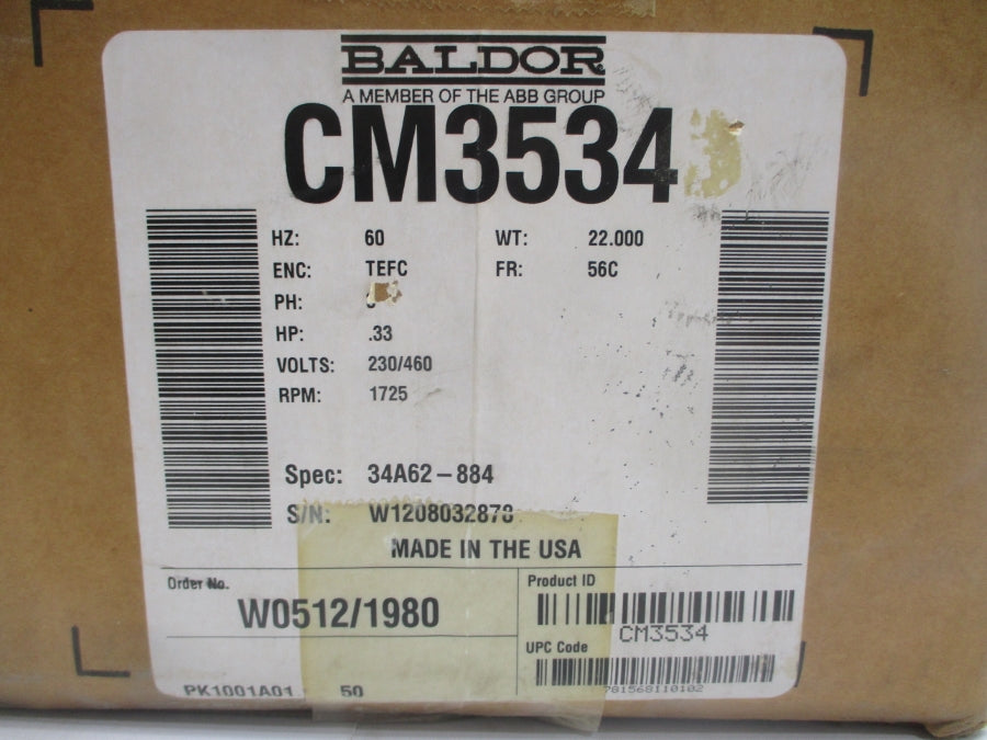 BALDOR CM3534 34A62-884 230/460V 1.6/.8A NSMP