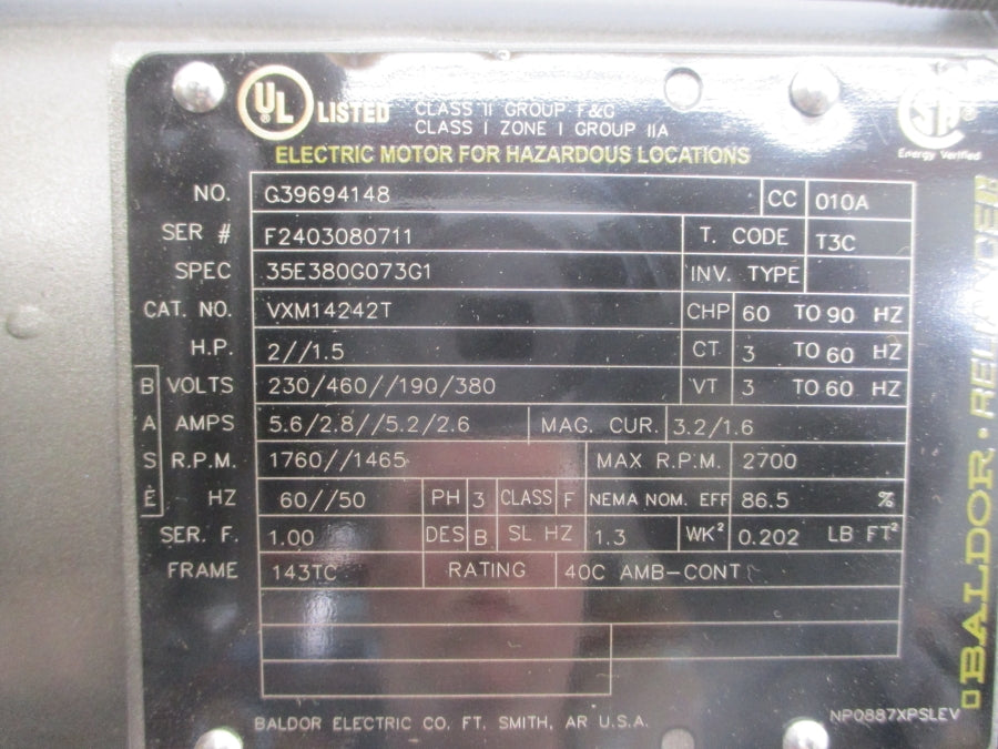 BALDOR VXM14242T 35E380G073G1 230/460//190/380V 5.6/2.8//5.2/2.6A NSMP