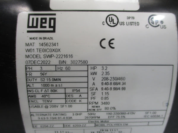 WEG W01.TE0IC0X0X SWP-2221616 208-230/460V 9.40-8.68/4.34A UNMP
